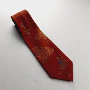 Vintage Mens Wide Width Tie Burnt Sienna Antique Car Walking Couple Print VTG